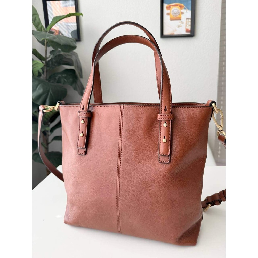 Vera Bradley Brown Leather Tote Bag Crossbody Strap Geometric Lining - Picture 2 of 10